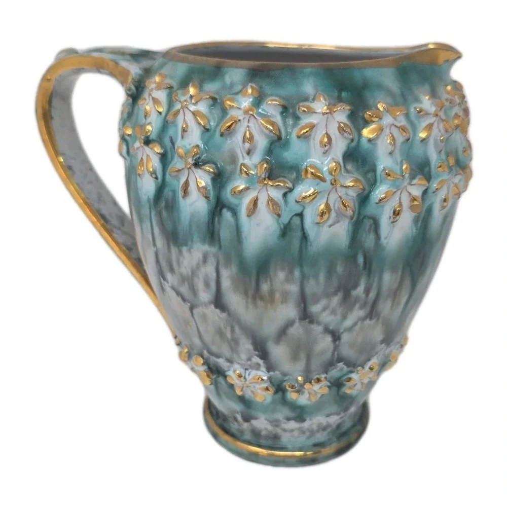 Vtg‎ Italian Pottery Jug Green Creams Gray With Gold Accents Numbered 6.5